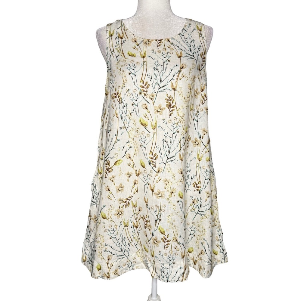 Cynthia Rowley Beige Size M 100% Linen Shift Dress Flowers A-Line‎ Pockets